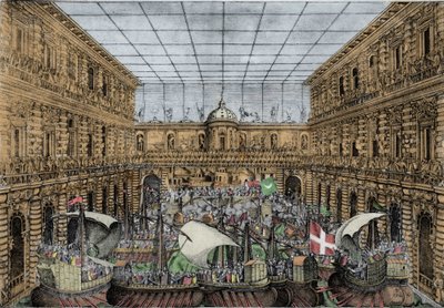 Orazio Scarabelli, Spettacolo di battaglia navale (naumachia) nel cortile di Palazzo Pitti a Firenze (Palazzo Reale della famiglia Medici, Granduchi di Toscana) Naumachia nel cortile di Palazzo Pitti, Firenze da Unknown artist