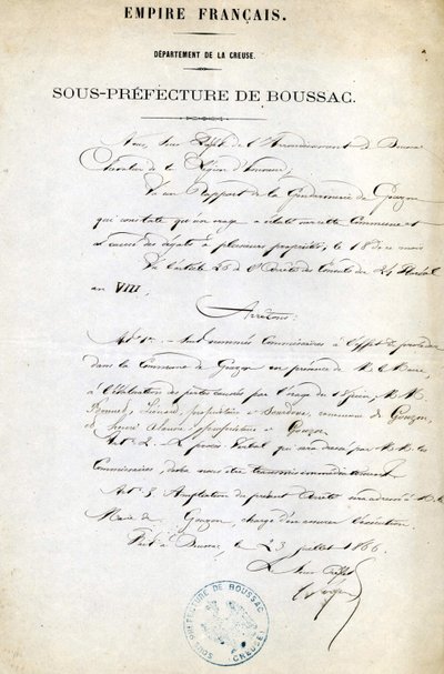 Ordine della Sotto-Prefettura della Creuse (Arrondissement di Boussac) del 23 luglio da Unknown artist