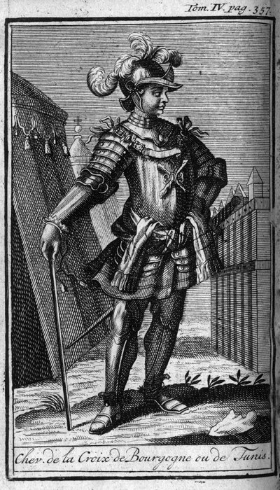 Ordini di Cavalleria. Cavaliere della croce di Borgogna o Tunisi. In "Storia degli ordini militari o cavalieri, delle milizie secolari e regolari di entrambi i sessi, che sono stati istituiti fino ad ora. Edizione tratta da Abate Giustiniani, R.P. Bonani,  da Unknown artist