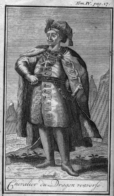 Ordini di Cavalleria. Cavaliere del drago. In "Storia degli ordini militari o cavalieri, delle milizie secolari e regolari di entrambi i sessi, che sono stati istituiti fino ad ora. Edizione tratta da Abate Giustiniani, R.P. Bonani, M. Herman, Schoonebeek, da Unknown artist