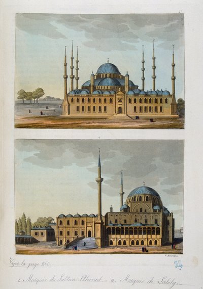 Impero Ottomano: Moschea Blu (o Sultanahmet Camii) costruita da Sultan Ahmet I e Moschea di Laleli a Istanbul - in "Il costume antico e moderno" di Ferrario, ed Milano da Unknown artist