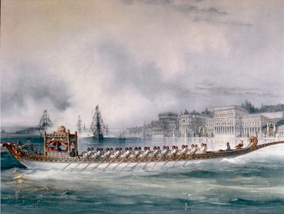Impero Ottomano: rappresentazione della barca del Sultano sul Bosforo a Istanbul. Il Palazzo Ciragan è visibile. (dettaglio) da Unknown artist