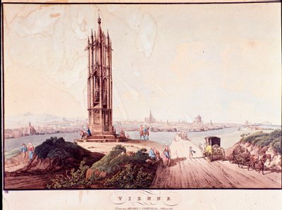 Veduta della città di Vienna con ponte che attraversa il Danubio. Austria Incisione del 1800 Collezione privata da Unknown artist