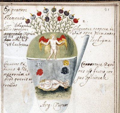 Pagina di un taccuino alchemico, una coppia e un angelo da Unknown artist