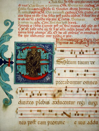 Pagina miniata con un codice di canti gregoriani da Unknown artist