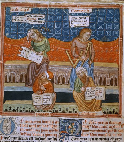 Pagina di un manoscritto che rappresenta le allegorie di Aritmetica e Geometria da Unknown artist