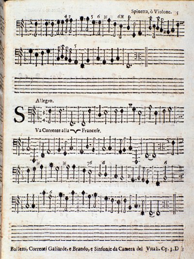 Pagina della partitura musicale di Balletti, correnti alla francese opus 3 di Giovanni Battista Vitali da Unknown artist