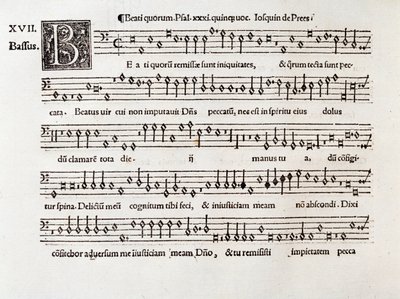 Pagina della partitura musicale di Beati quorum psalm XIII di Willaert (1538) da Unknown artist