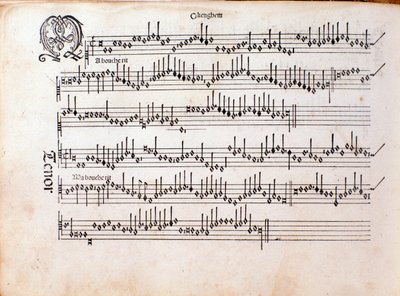 Pagina della partitura musicale di Harmonice Musices Odhecaton di Ottaviano Petrucci (1501) da Unknown artist