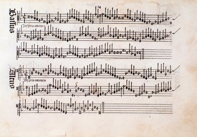 Pagina della partitura musicale di Harmonice Musices Odhecaton di Ottaviano Petrucci (1501) da Unknown artist