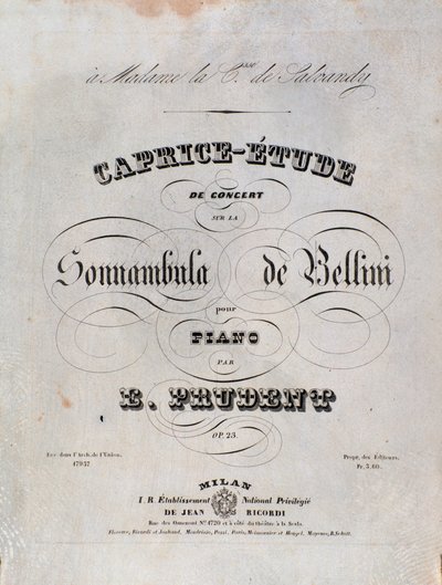Pagina della partitura per un Capriccio-studio per pianoforte di Emile Prudent basato su La sonnambula di Vincenzo Bellini da Unknown artist