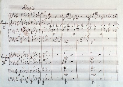 Pagina della sinfonia ridotta per due pianoforti e otto mani de Il flauto magico, opera di Mozart, versione di Lichtenthal (XIX secolo) da Unknown artist
