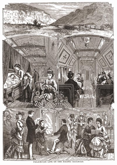 Vita nel vagone-palazzo sulla Ferrovia del Pacifico, incisione sd. XIX secolo da Unknown artist