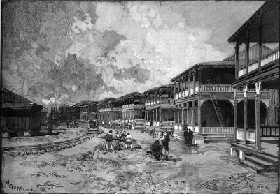Canale di Panama. Strada della nuova città di Cristoforo Colombo a Colon: abitazioni dei lavoratori. Incisione in "Le Monde Illustré" da Unknown artist