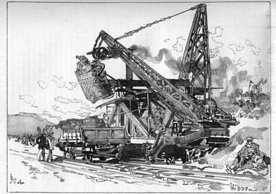 Lavori del Canale di Panama. Macchine principali: escavatore Osgood. Incisione in "Le Monde Illustré" da Unknown artist