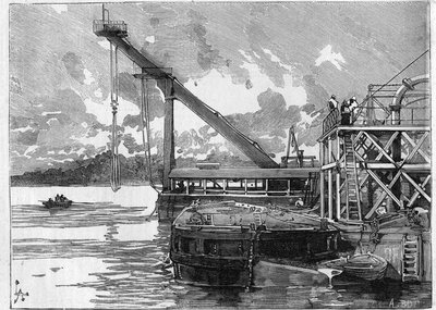 Lavori del Canale di Panama. Principali macchine: il pontone Bigue. Incisione in "Le Monde Illustré" da Unknown artist