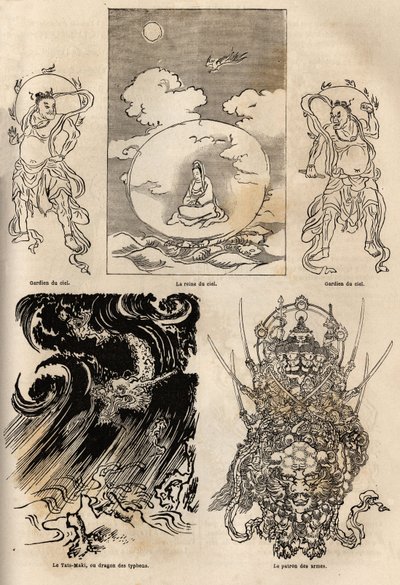 Pantheon delle divinità giapponesi, rappresentazione tradizionale di alcune figure tipiche: la regina del cielo affiancata da due guardie; il Maki Tats, drago del tifone e il capo delle armi. Incisione per illustrare il viaggio in Giappone nel 1863-1864, d da Unknown artist