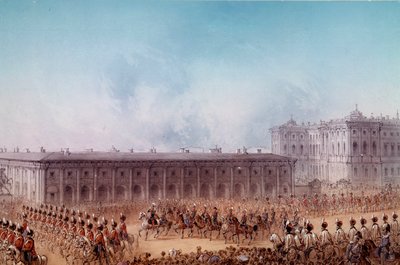Parata con Alessandro II davanti al Palazzo Aničkov a San Pietroburgo nel 1856 da Unknown artist