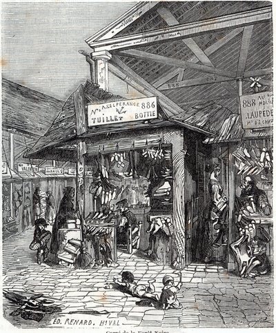 Parigi 3° arrondissement - Carre de la Foret-Noire: vendita di pelle e scarpe in Le Carreau du Temple nel XIX secolo - Incisione in "Tableau-de-Paris" di Edmond Texier da Unknown artist