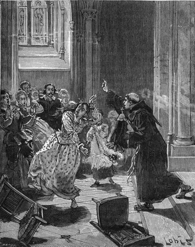 Parigi, Chiesa di Sainte Geneviève (1599): un monaco cappuccino tenta di esorcizzare una donna, Marta, che afferma di essere posseduta dal Diavolo. Incisione del XIX secolo. In 