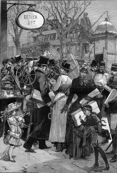 Parigi: Settimana del Pacchetto: i parigini fanno acquisti e comprano giocattoli per i regali di Natale. Incisione in "Le Monde Illustré" da Unknown artist
