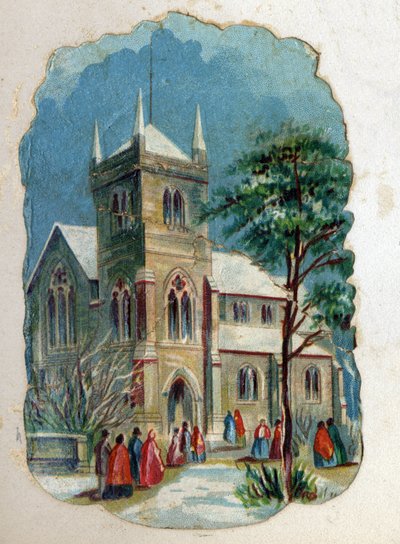 Parrocchiani che vanno in chiesa per la Messa domenicale. Cromolitografia intorno al 1890 da Unknown artist