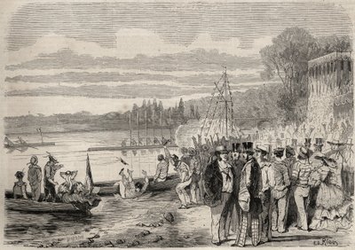 Canoisti parigini. Regate di Saint-Cloud nel 1857. Incisione in "Le Monde illustrious" del 1857. Collezione privata. da Unknown artist