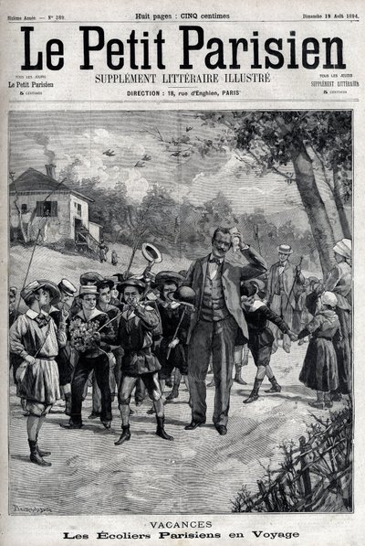 Vacanze scolastiche parigine in gita in campagna. Incisione in "Le Parisien" da Unknown artist