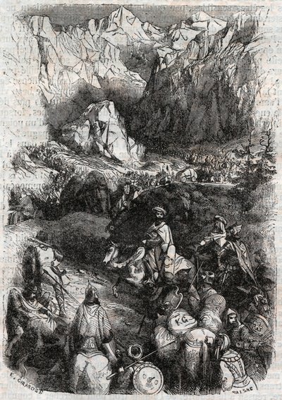 Passaggio dei Pirenei da parte dei Mori - incisione del 1851 da 