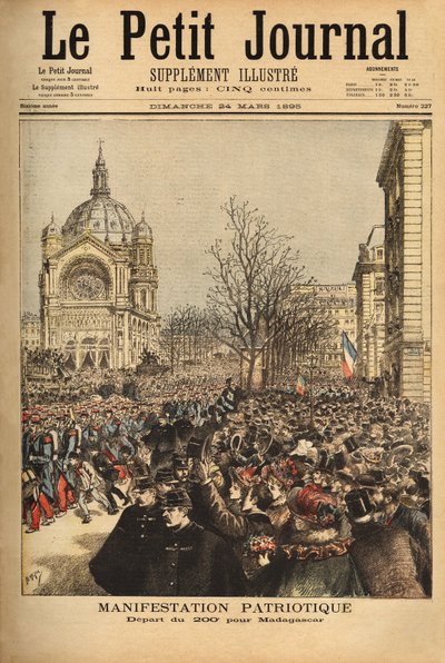 Dimostrazione patriottica a Parigi per la partenza del 200º reggimento per il Madagascar. Incisione in "Le petit journal" 24/03/1895. Collezione Selva da Unknown artist