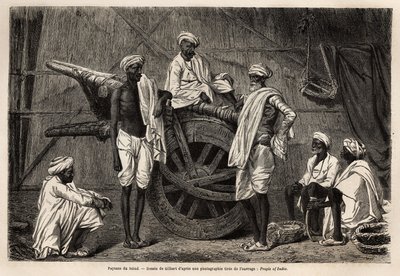 Contadini del Sindh (regione del Punjab, India), accanto alle loro macchine agricole. Incisione per illustrare il viaggio nel Punjab e Kashmir, racconto di Guillaume Lejean, nel 1866, pubblicato in "Le tour du monde, nouveau journal des voyages", sotto la  da Unknown artist