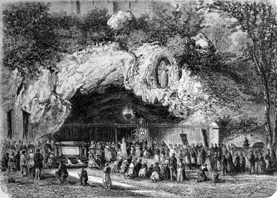 Pellegrini davanti alla grotta miracolosa di Lourdes nei Pirenei dove la Vergine apparve a Bernadette Soubirous (1844-1879) nel 1858, luogo di pellegrinaggio. Incisione del XIX secolo da Unknown artist