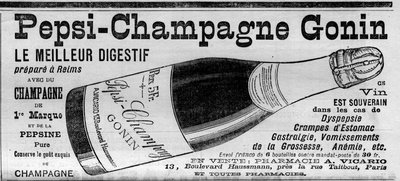 Pepsi Champagne Gonin (Pepsi-Champagne del marchio Gonin). Digestivo preparato a Reims con champagne e pepsina. Alcol consigliato in caso di dispepsia, crampi allo stomaco, gastralgia, vomito di gravidanza, anemia... (in vendita nelle farmacie). Incisione da Unknown artist
