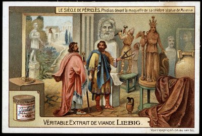 Secolo di Pericle (495-429 a.C.): lo scultore Fidia (490-430 a.C.) davanti al modello della sua famosa statua di Minerva - Cromolitografia Liebig da Unknown artist