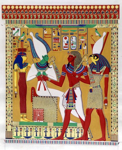 Faraone Merenptah I (o Mineptah, Merneptah) (1213-1204 a.C.) guidato da Horus in presenza di Osiride e Athyr infernale. Da sinistra: Athyr, Osiride, Merenptah I e Horus. (Biban-el-Moluk) - in “Monumenti dell