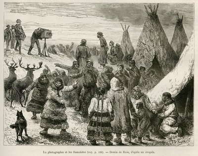 Fotografia e Samoiedi della regione di Caborova (Svezia), disegno di Riou, per illustrare la storia del Professor Nils Adolf Erik (Eric) Barone Nordenskjold (Nordenskiold) (1832-1901): Spedizione Polare Svedese da Unknown artist
