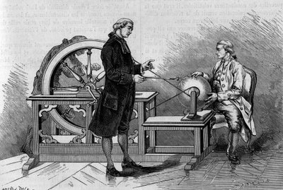 Esperimento di fisica nel XVIII secolo: bagliore prodotto da una macchina elettrica. (Da Abbe Nollet). Incisione in "La Nature: revue des sciences et de leurs applications aux arts et a l