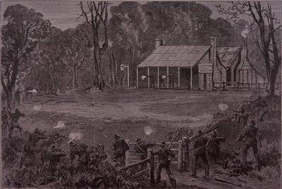 La polizia apre il fuoco sulla Kelly Gang al Glenrowan Hotel, 28 giugno 1880 da Unknown artist