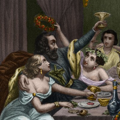 Papa Alessandro VI (1431-1503) (Alessandro, Rodrigo Borgia) celebra il matrimonio di sua figlia Lucrezia Borgia con 50 cortigiane in Vaticano. Incisione del 1842 in "Histoire des papes: crimes, murders, poisonings, parricides". da Unknown artist