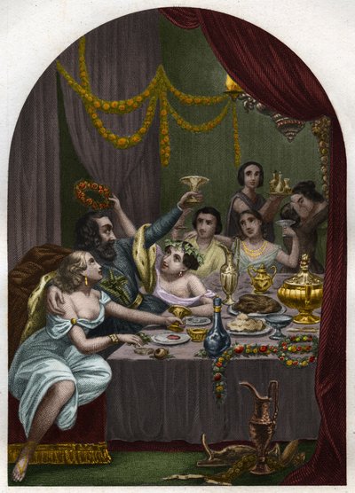 Papa Alessandro VI (1431-1503) (Alessandro, Rodrigo Borgia) celebra il matrimonio di sua figlia Lucrezia Borgia con 50 cortigiane in Vaticano. Incisione del 1842 in "Histoire des popes: crimes, murders, poisonings, parricides" da Unknown artist