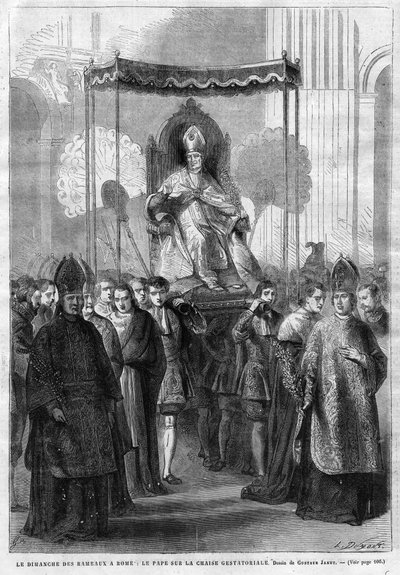 Papa Pio IX sulla sedia gestatoria - Domenica delle Palme a Roma: Papa Pio IX sulla sedia gestatoria - disegno di Gustave Janet - Il Diario Illustrativo del 1868. da Unknown artist