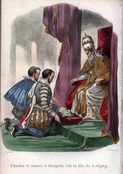 Papa Gregorio XIII riceve la testa di Gaspard de Coligny, assassinato durante il massacro della notte di San Bartolomeo, come dono dal re Carlo IX di Francia. da Unknown artist