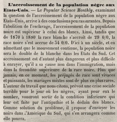 La crescita della popolazione nega negli Stati Uniti: commento razzista nel libro secondo un articolo di Popular Science Monthly. Preoccupato per l