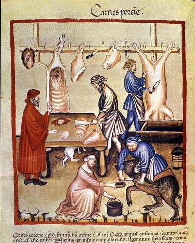 Produzione di carne di maiale. Il maiale viene macellato e i macellai tagliano i pezzi. Miniatura dal "Tacuinum sanitatis" da Unknown artist