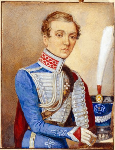 Ritratto di Nadezhda Durova (1783-1866) (Nadezhda Andreyevna Durova) conosciuta come Aleksandr Durov o Aleksandr Sokolov o Alexander Andreevich Alexandrov, in uniforme da ufficiale russo, donna travestita da uomo che ha fatto carriera nell