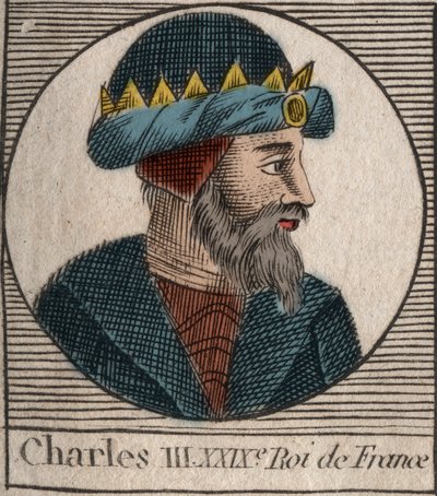 Ritratto di Carlo III detto il Semplice (879-929) re dei Franchi - CARLO III (879-929) - Carlo il Semplice - Re di Francia, 893-923 - incisione da 