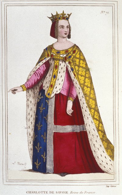 Ritratto di Charlotte de Savoia 1445 -1483 Regina di Francia dal 1461 al 1483 Sposa di Luigi XI (Il Prudente) nel 1451 incisione del 1830 da Unknown artist