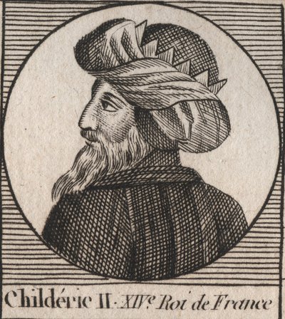 Ritratto di Childerico II, Re dei Franchi dal 670 al 673 - CHILDERICO II 655-675 Re merovingio di Francia e Austrasia - incisione da 