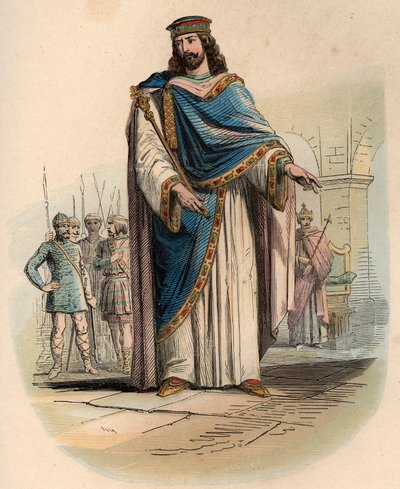 Ritratto di Clodoveo I (ca. 466 - 511), re dei Franchi. Incisione del 1868 in "Histoire de Belgique dai tempi primitivi alla fine del regno di Leopoldo I" di Theodore Juste (1818-1888). Collezione privata da Unknown artist