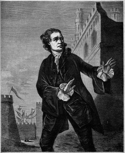 Ritratto di David Garrick (1717-1779), comico inglese, come Amleto di Shakespeare. Incisione di Wilson in 